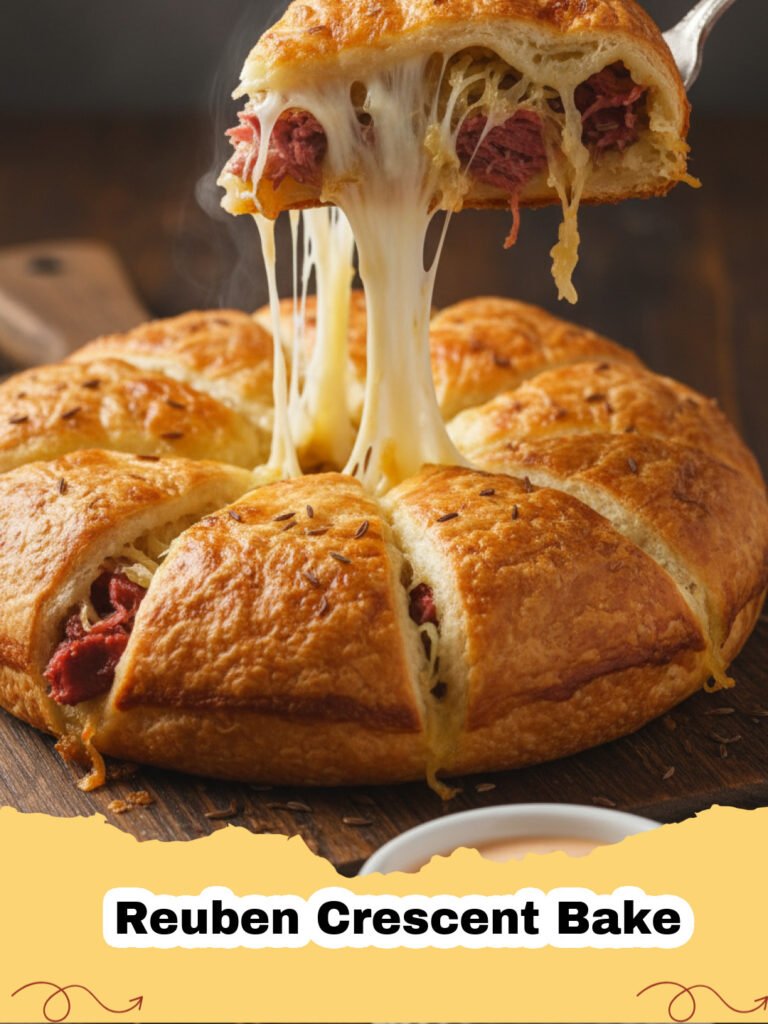 Golden brown Reuben Crescent Bake in a baking dish, sliced to show layers of corned beef, sauerkraut, and Swiss cheese.