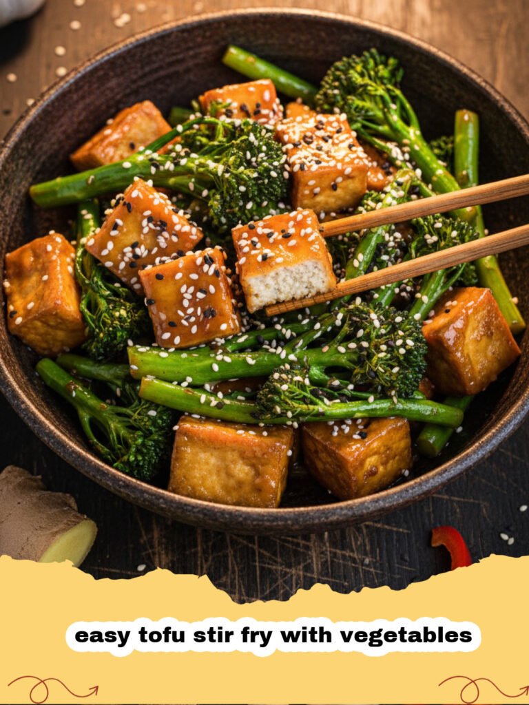 easy tofu stir fry with vegetables - Close-up of a vibrant easy tofu stir fry with colorful vegetables and crispy tofu in a wok, garnished with sesame seeds.