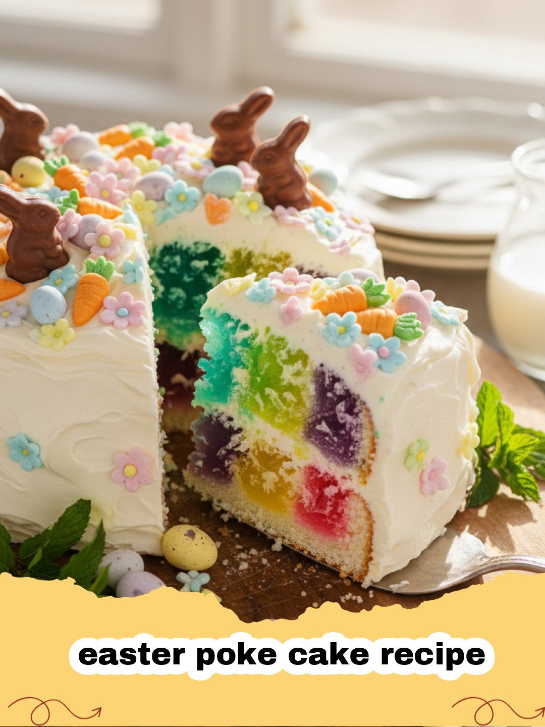 easter poke cake recipe - A slice of Easter poke cake with pastel pink and green swirls topped with whipped cream and sprinkles.