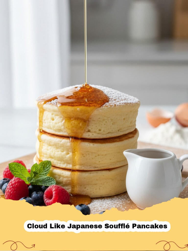 Stack of fluffy, jiggling Cloud Like Japanese Soufflé Pancakes topped with berries and powdered sugar.
