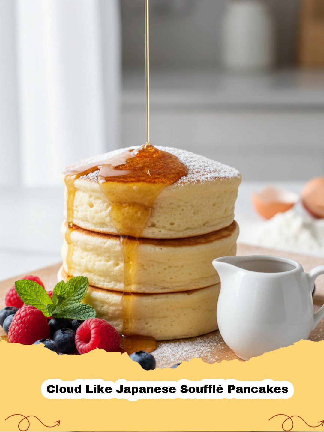 Stack of fluffy, jiggling Cloud Like Japanese Soufflé Pancakes topped with berries and powdered sugar.