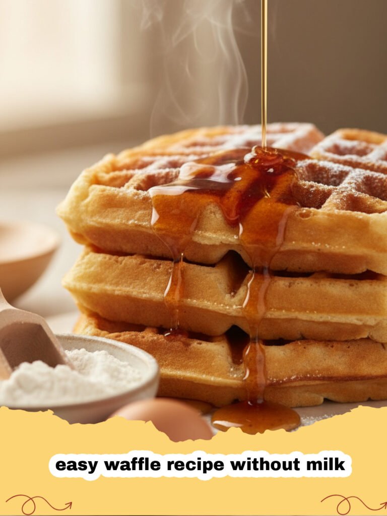 easy waffle recipe without milk - Stack of golden, fluffy easy waffles without milk, topped with fresh berries and powdered sugar.