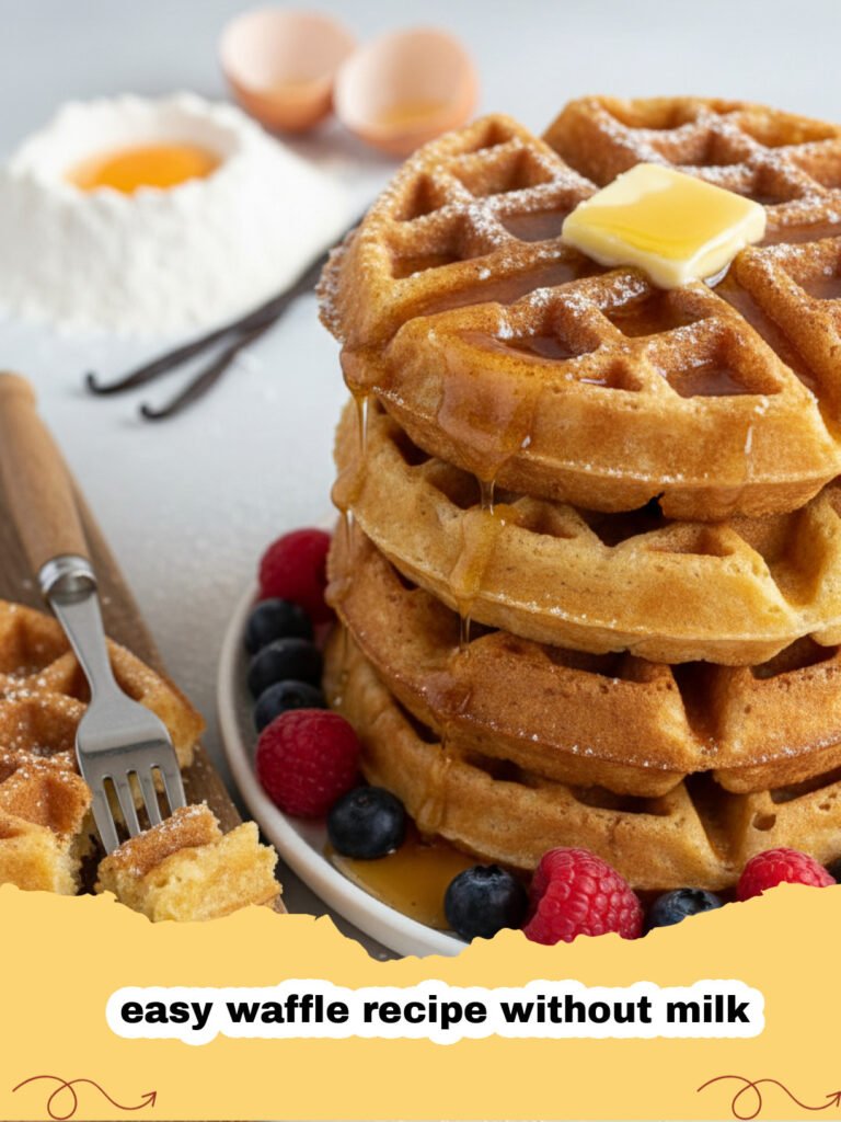easy waffle recipe without milk - Stack of golden brown, fluffy easy waffles without milk, topped with fresh berries and maple syrup, on a rustic breakfast table.