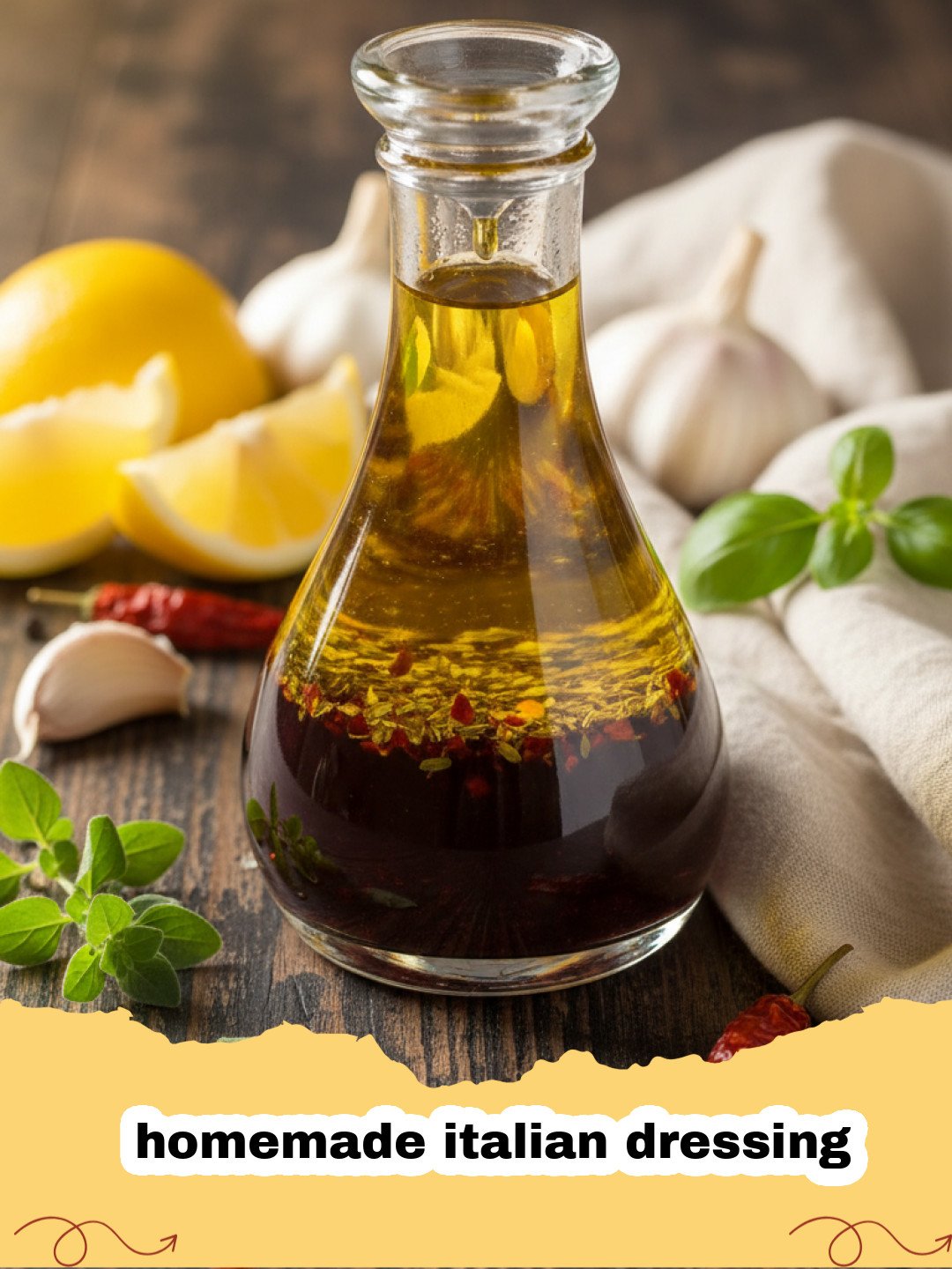 homemade italian dressing - Glass jar of homemade Italian dressing with fresh herbs and a salad in the background