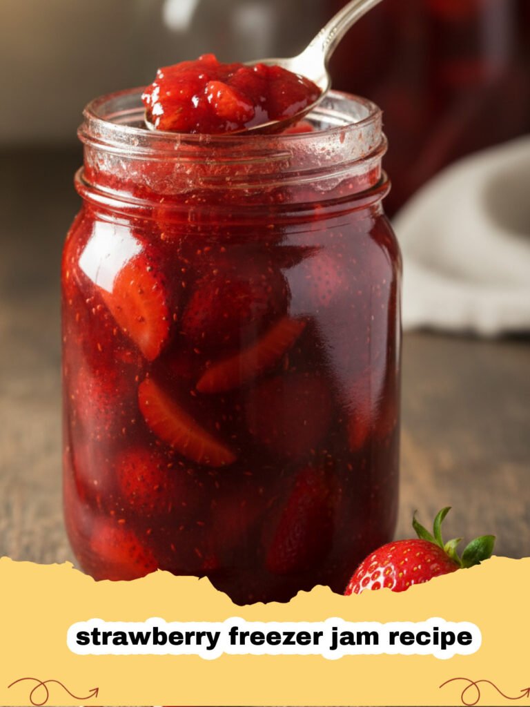 strawberry freezer jam recipe - Several jars of bright red strawberry freezer jam on a wooden table.