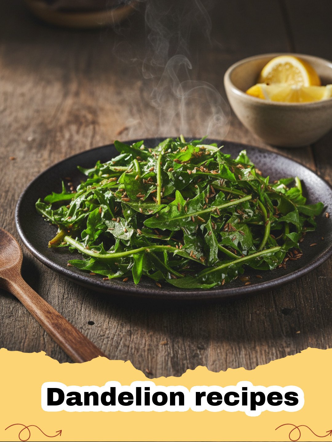 Dandelion recipes - Sautéed dandelion greens with sliced garlic and lemon in a cast iron skillet.
