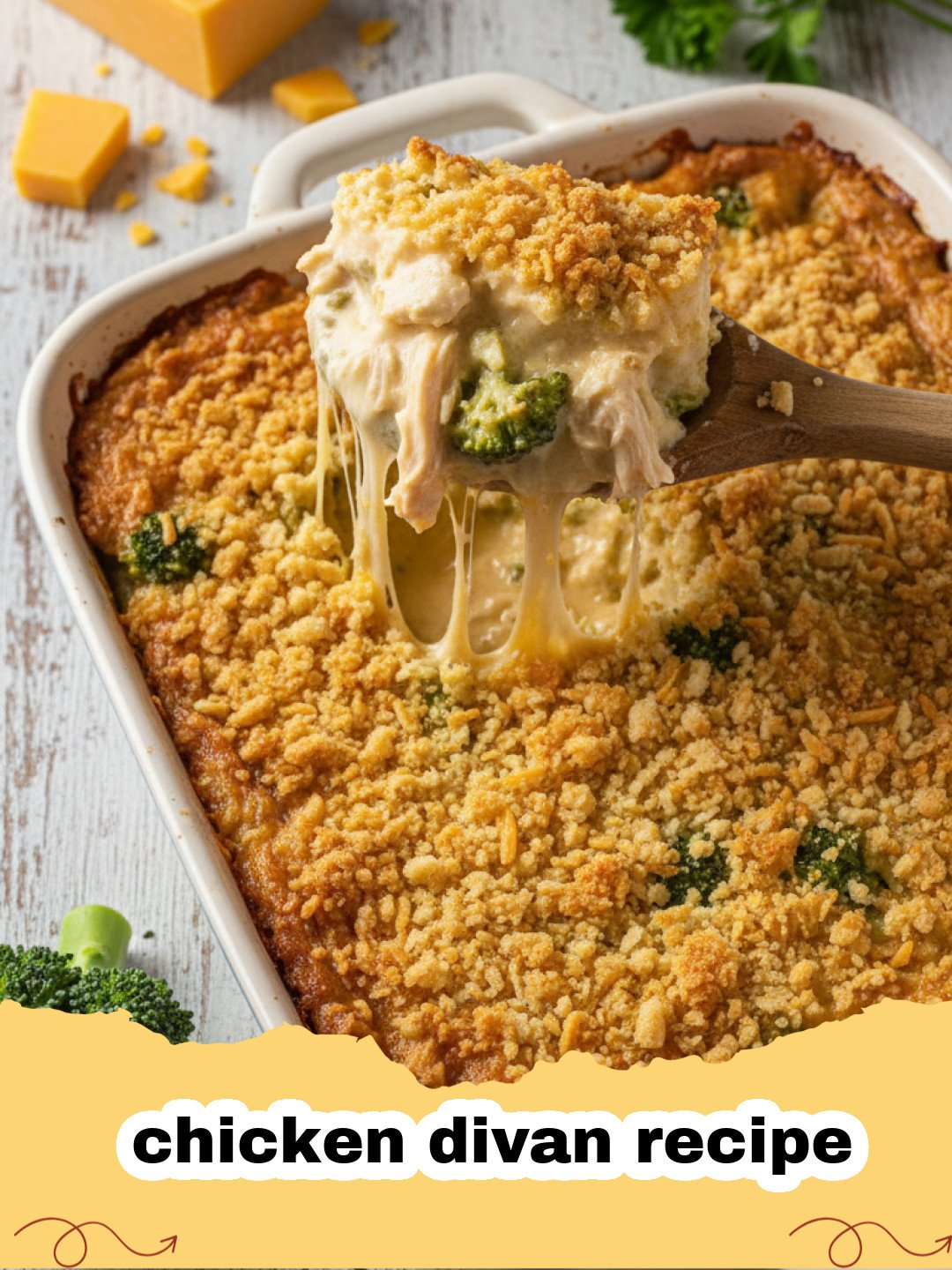 chicken divan recipe - A baking dish filled with creamy, golden-brown chicken divan, topped with cheese and breadcrumbs, ready to be served.