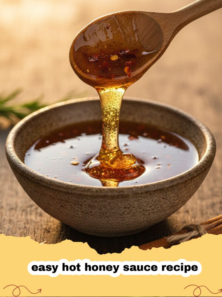 easy hot honey sauce recipe - Homemade easy hot honey sauce in a glass jar with a drizzler, surrounded by red chili flakes.