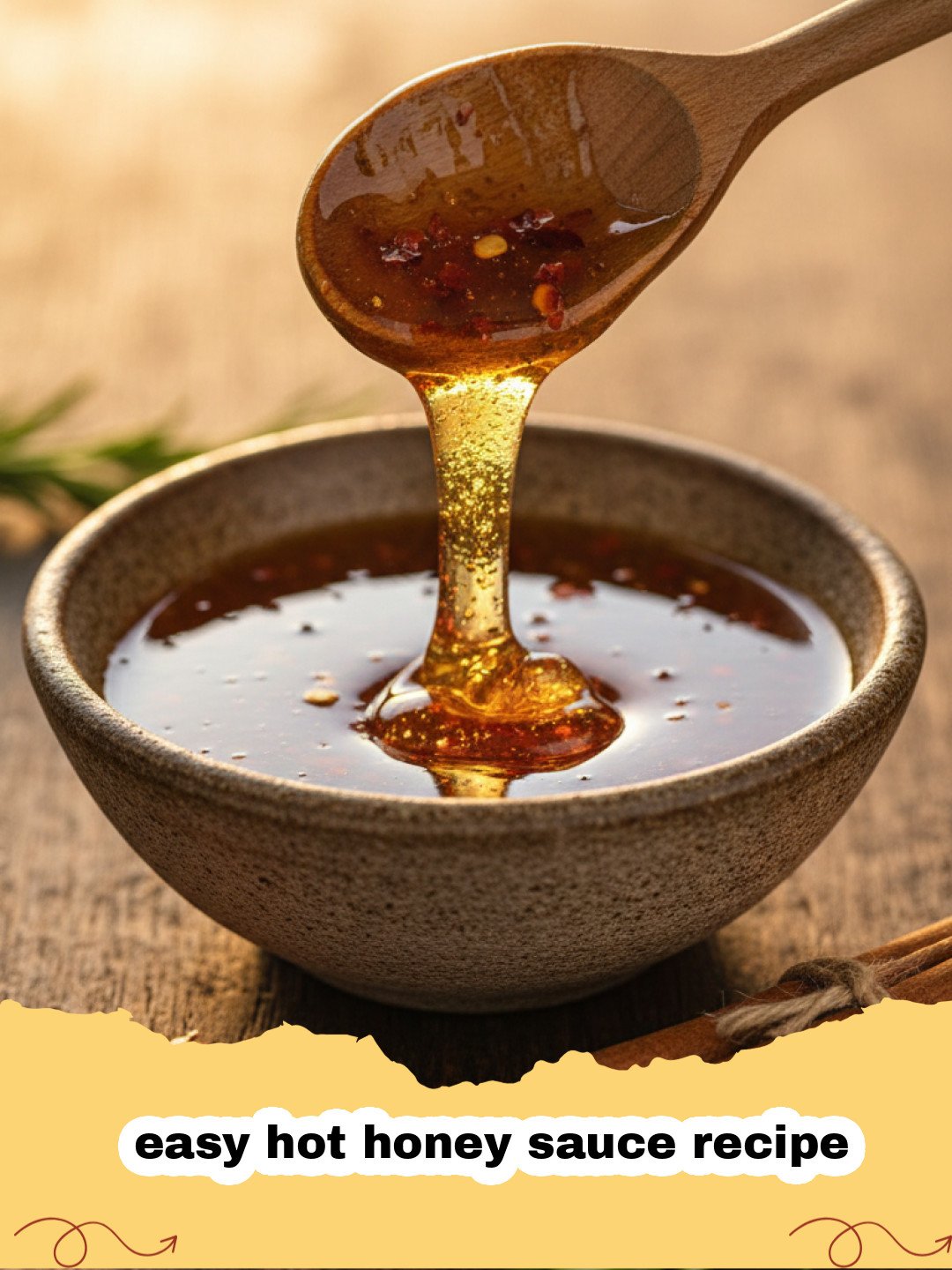 easy hot honey sauce recipe - Homemade easy hot honey sauce in a glass jar with a drizzler, surrounded by red chili flakes.