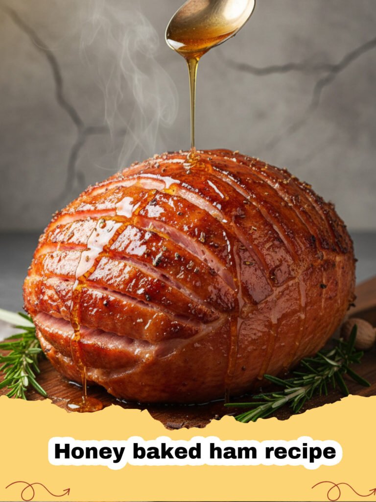 Honey baked ham recipe - A beautifully glazed honey baked ham on a platter with holiday garnishes