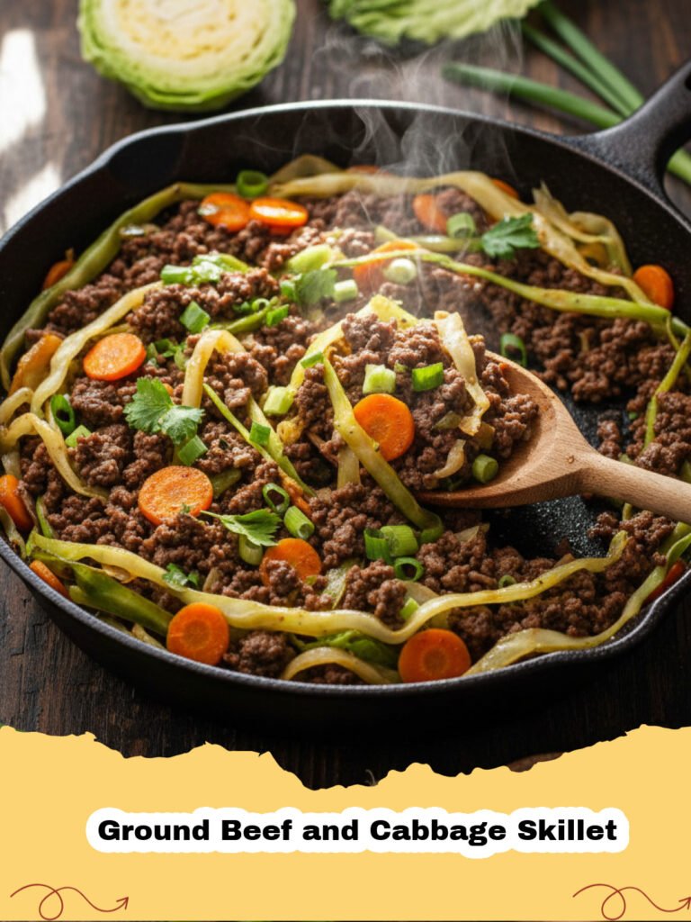 A close-up shot of a hearty Ground Beef and Cabbage Skillet in a cast iron pan, garnished with fresh parsley.