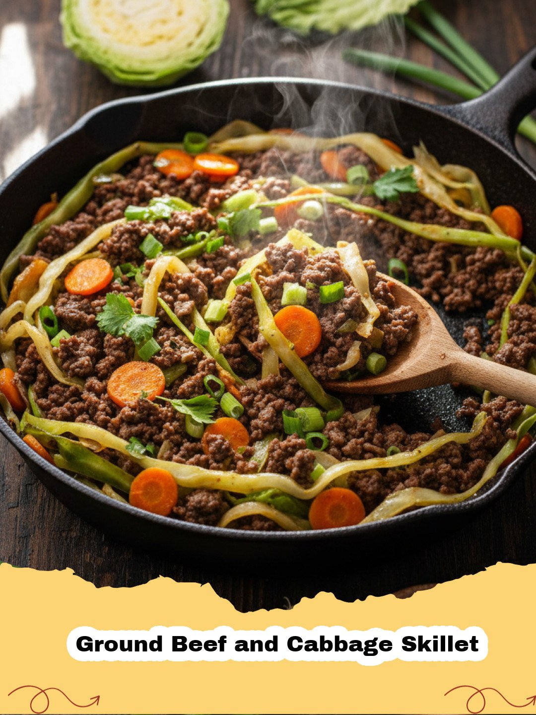 A close-up shot of a hearty Ground Beef and Cabbage Skillet in a cast iron pan, garnished with fresh parsley.
