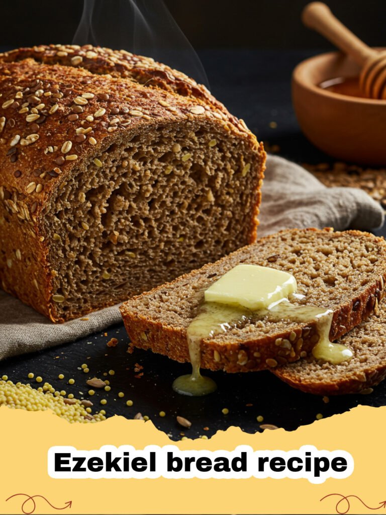 Ezekiel bread recipe - A freshly baked, sliced loaf of Ezekiel bread on a wooden board.