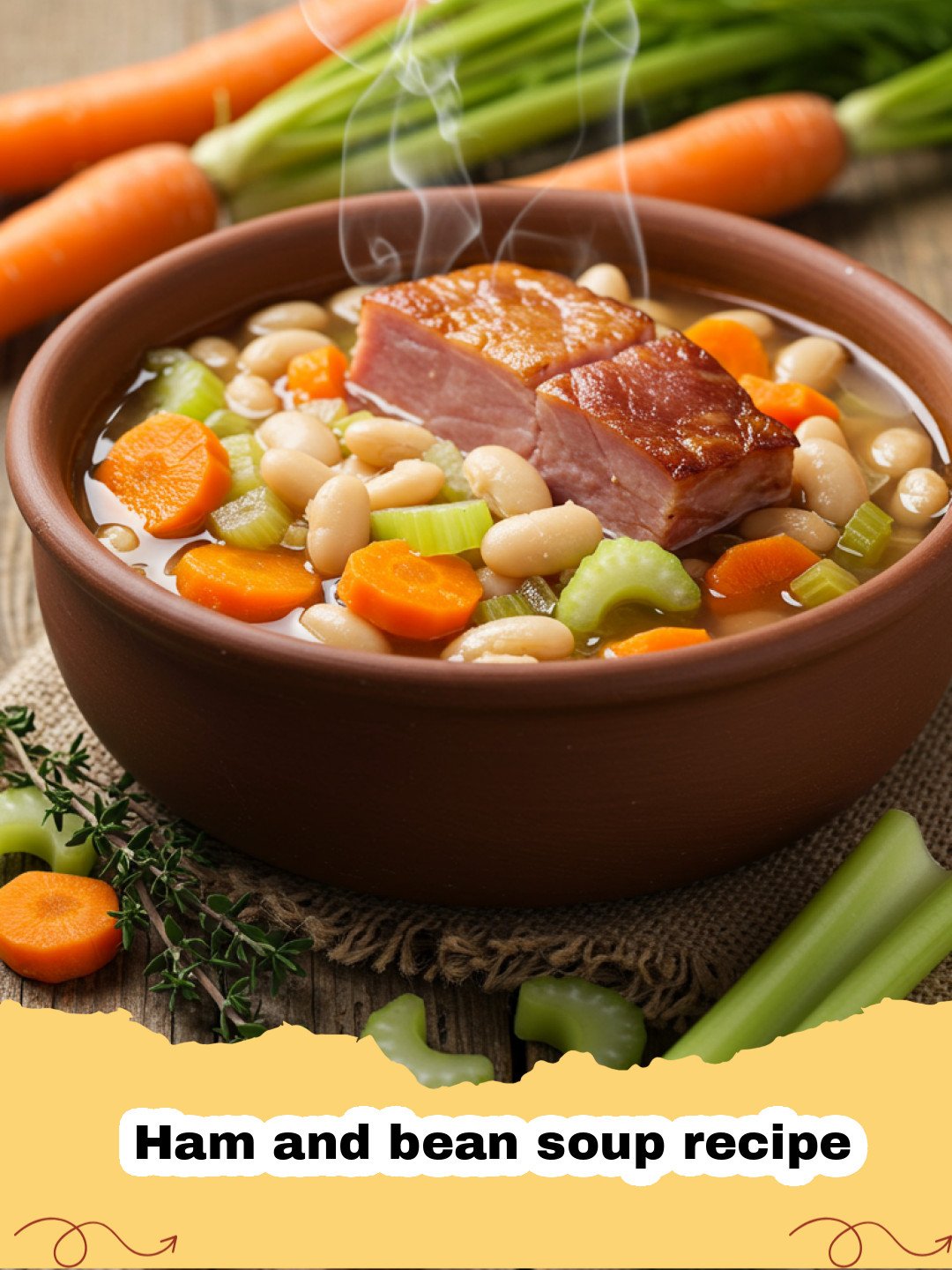Ham and bean soup recipe - A steaming bowl of thick ham and bean soup with a ham bone in the background.