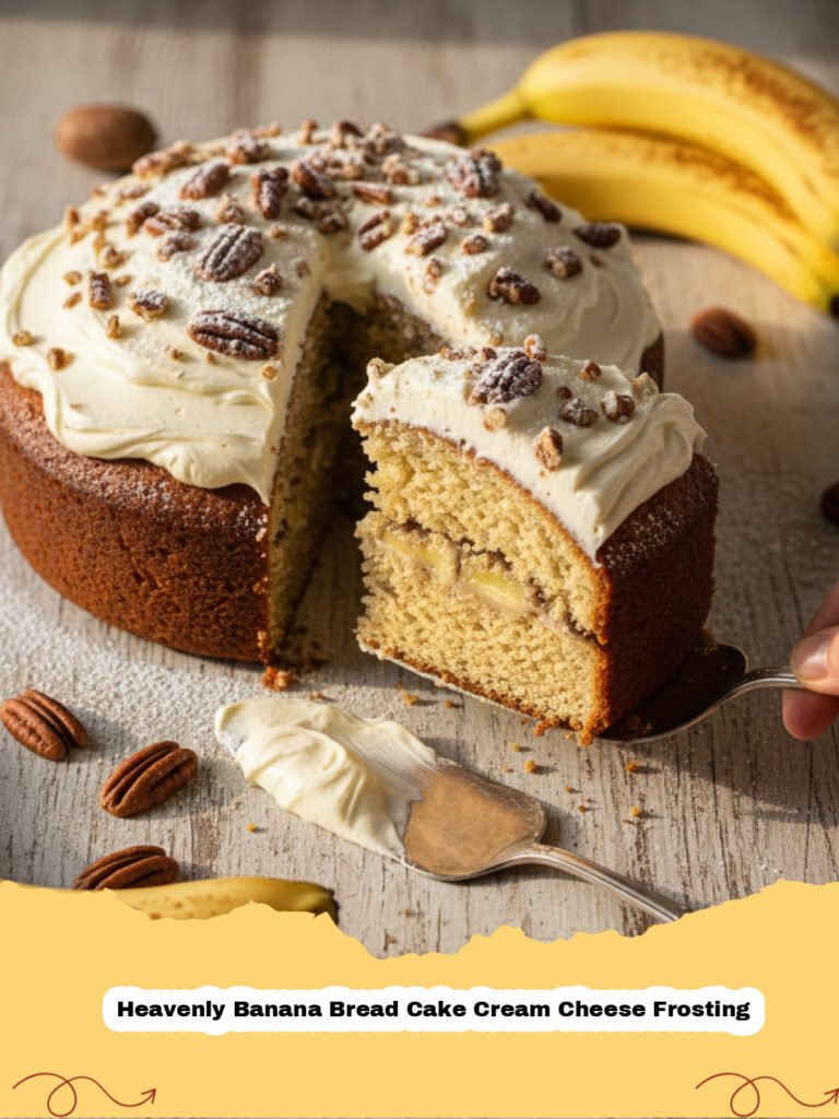 Heavenly Banana Bread Cake Cream Cheese Frosting - A perfectly frosted slice of Heavenly Banana Bread Cake with Cream Cheese Frosting, showing moist cake layers and creamy white frosting.