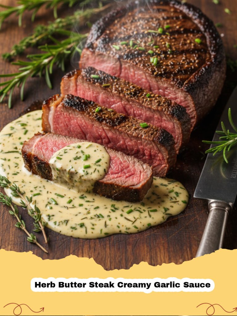 Herb Butter Steak Creamy Garlic Sauce - Perfectly seared Herb Butter Steak with creamy garlic sauce on a white plate, garnished with fresh herbs.
