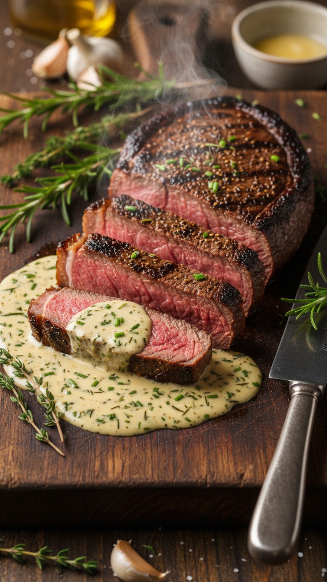 Herb Butter Steak with Creamy Garlic Sauce Preparation