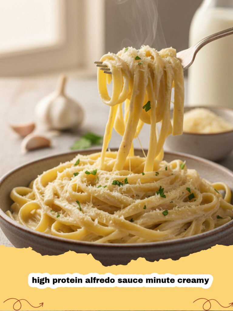 high protein alfredo sauce minute creamy - A close-up shot of creamy high protein alfredo sauce tossed with fettuccine pasta, garnished with fresh parsley and grated Parmesan cheese.
