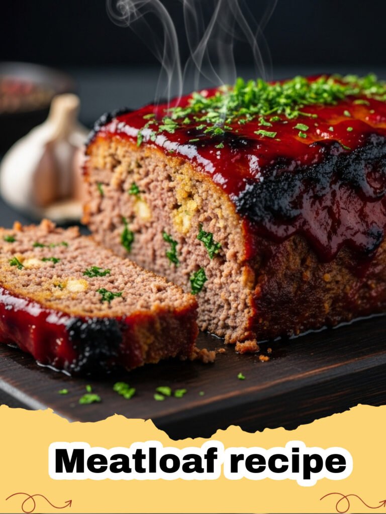 Meatloaf recipe - A perfectly glazed and sliced juicy meatloaf on a platter
