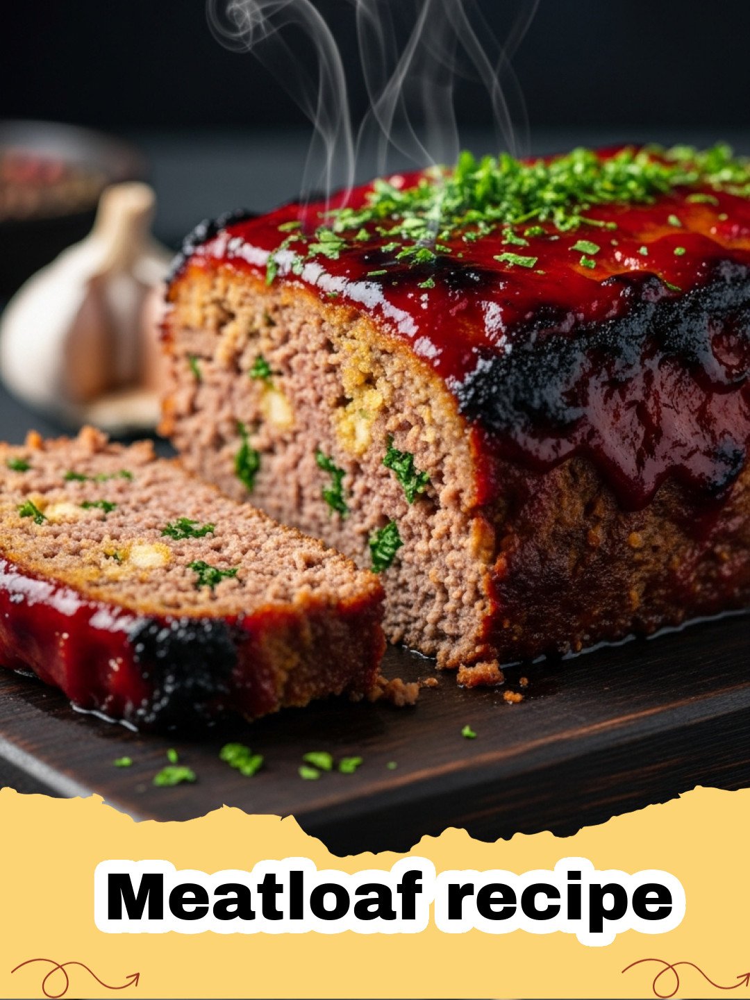 Meatloaf recipe - A perfectly glazed and sliced juicy meatloaf on a platter