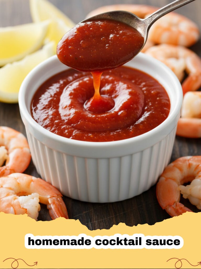 A small bowl of vibrant red homemade cocktail sauce with a fresh lemon wedge and shrimp in the background.