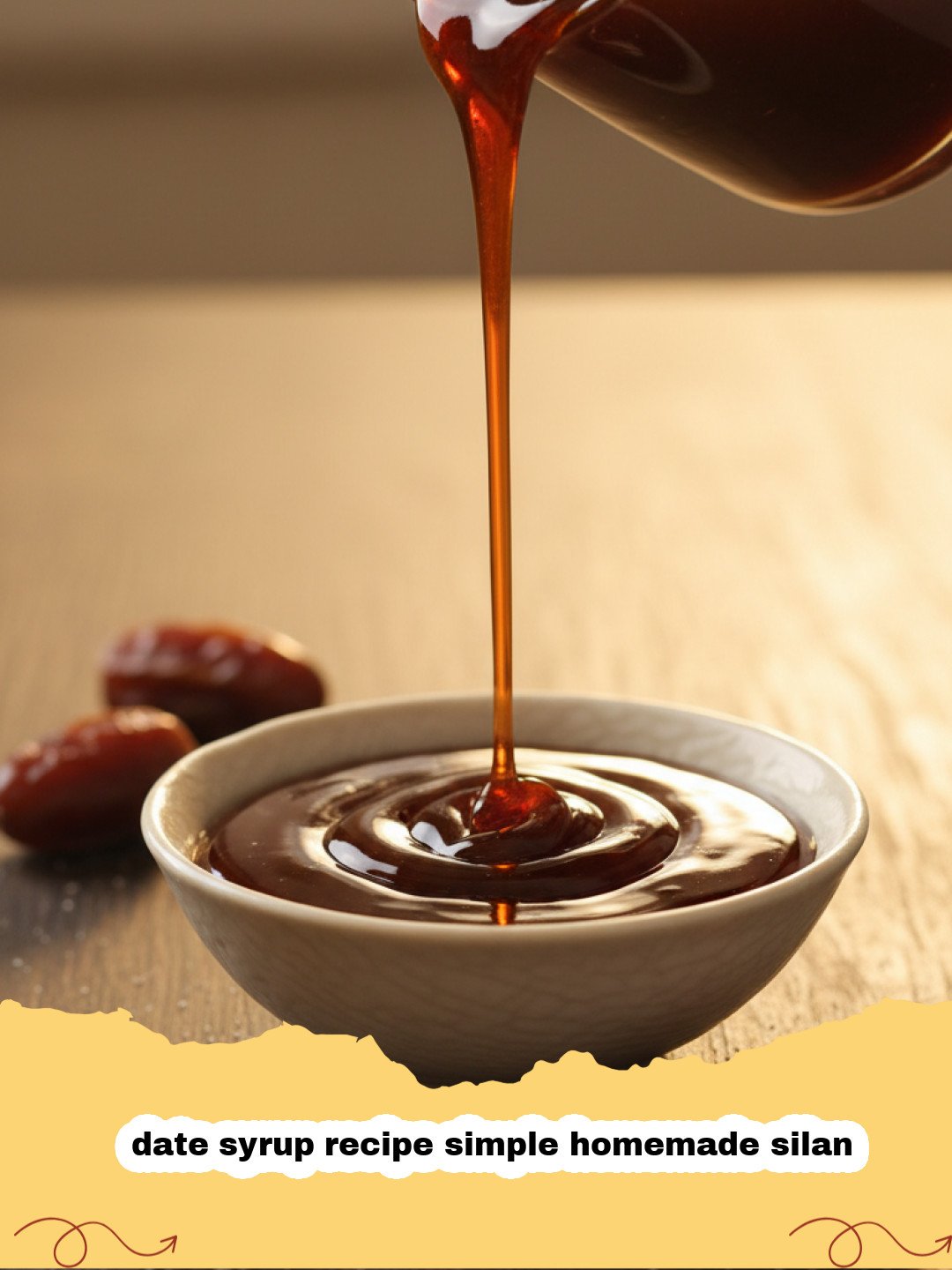 date syrup recipe simple homemade silan - Homemade Date Syrup (Silan) drizzled over pancakes with a bowl of dates in the background.