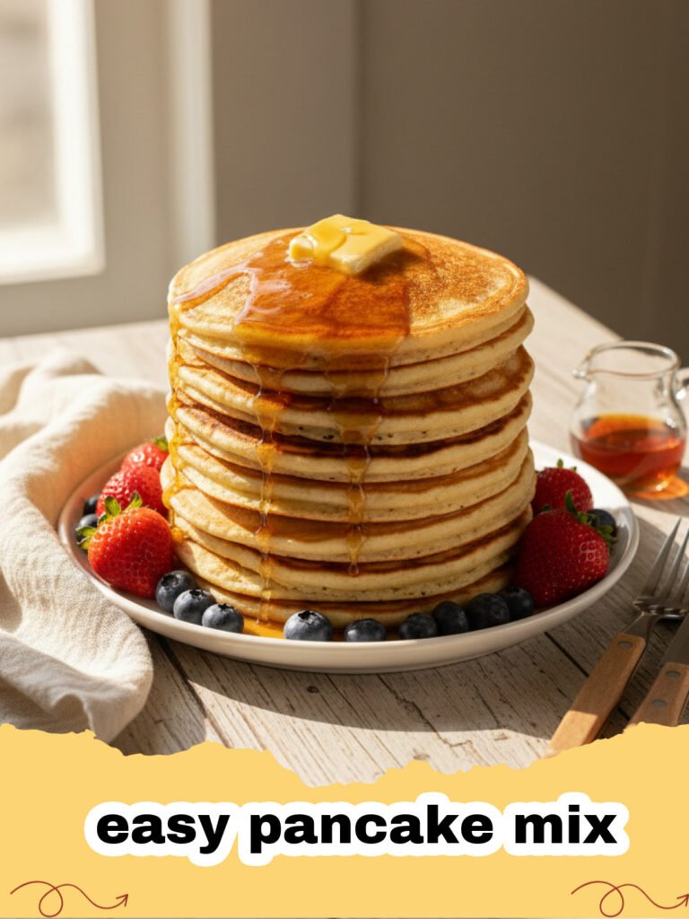 Stack of fluffy homemade pancakes made from easy pancake mix with berries and syrup.