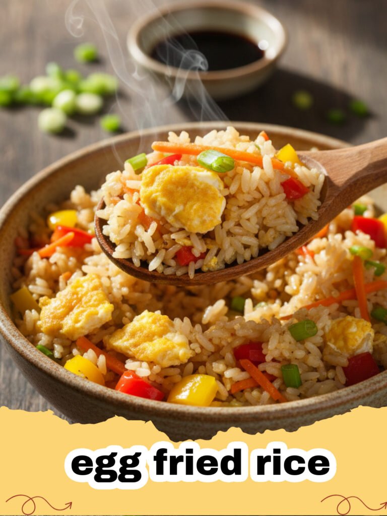 Close-up of a perfectly cooked egg fried rice with fluffy grains, scrambled eggs, and colorful vegetables, garnished with green onions.