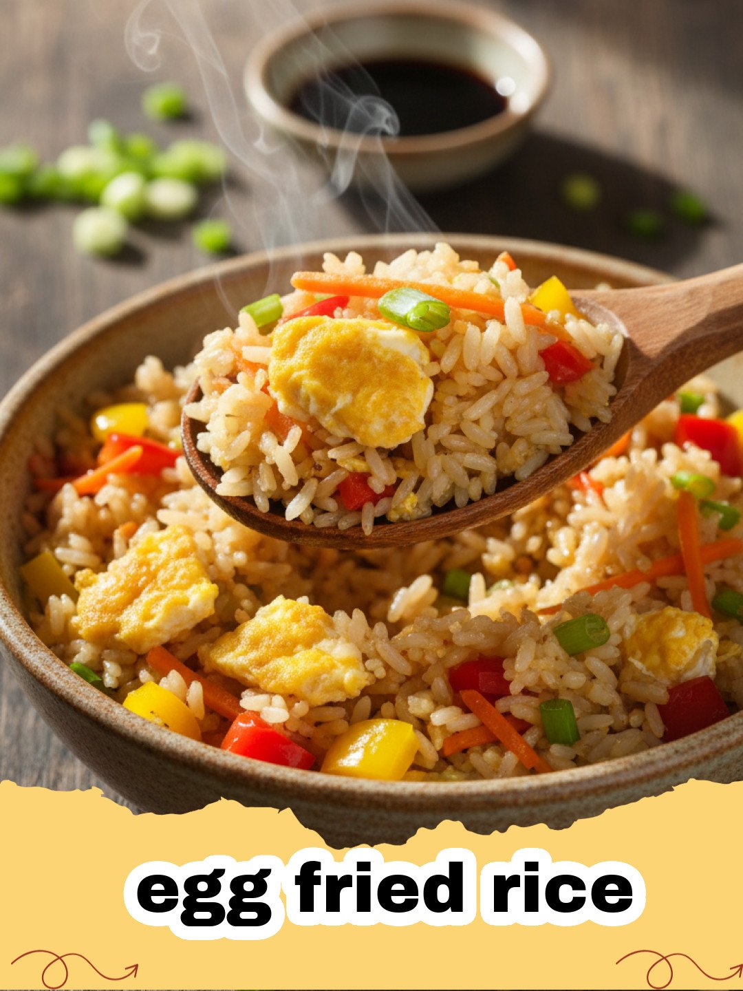 Close-up of a perfectly cooked egg fried rice with fluffy grains, scrambled eggs, and colorful vegetables, garnished with green onions.
