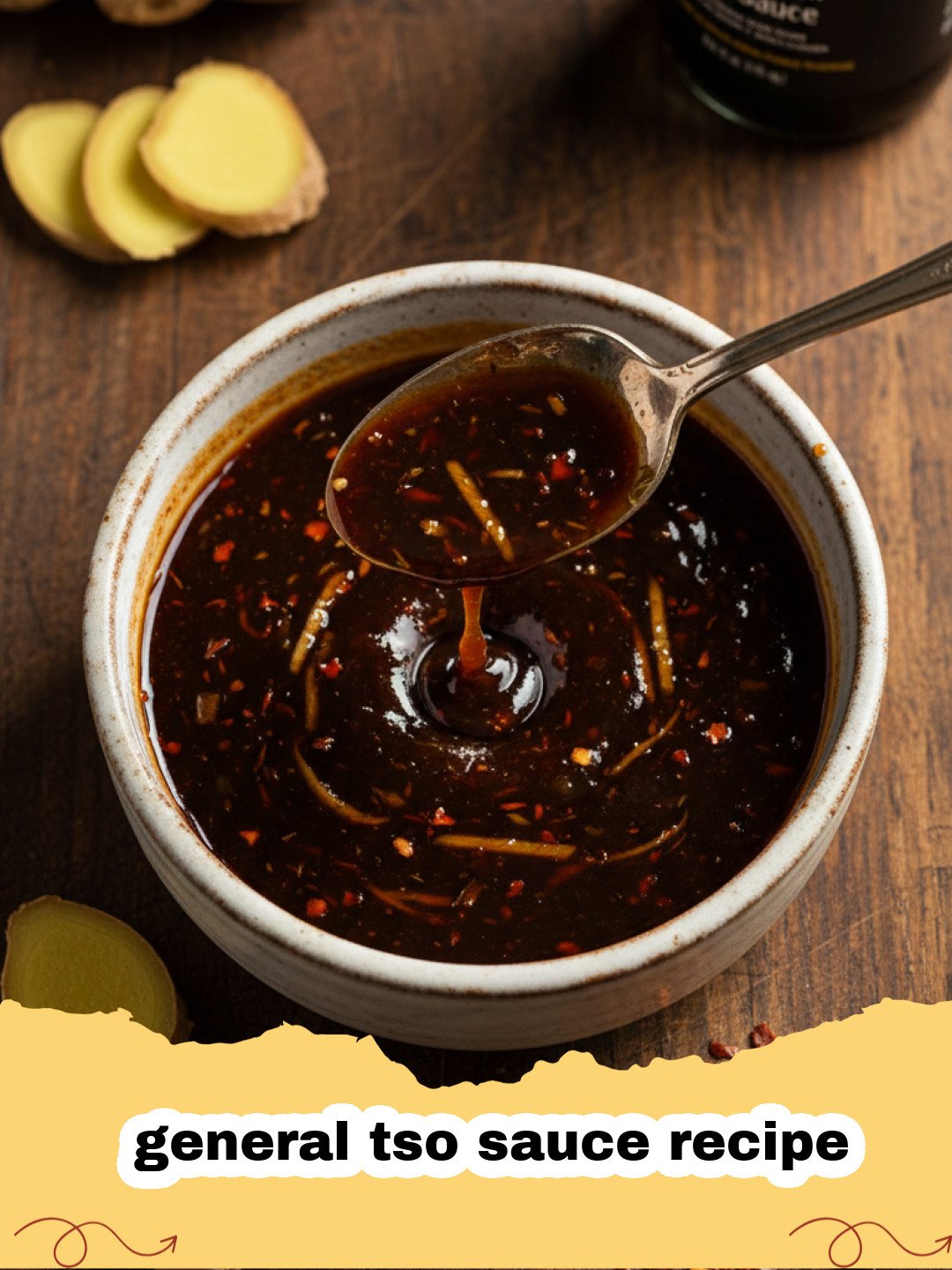 general tso sauce recipe - Close-up of glossy, reddish-brown General Tso sauce in a small ceramic bowl, garnished with sesame seeds and green onion.