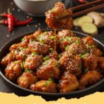 general tsos chicken recipe - Close-up of crispy General Tso's Chicken garnished with sesame seeds and green onions, served over rice.