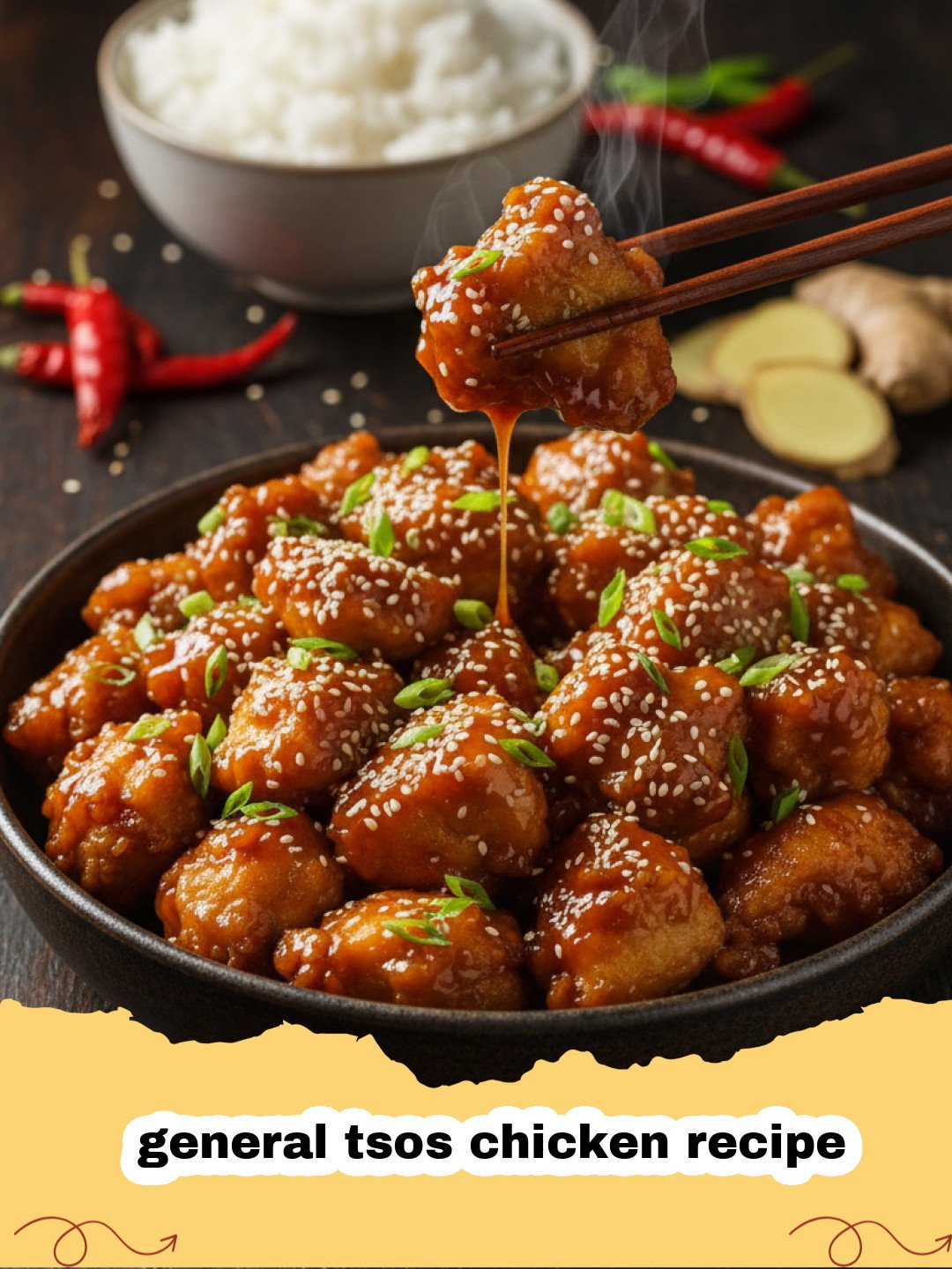 general tsos chicken recipe - Close-up of crispy General Tso's Chicken garnished with sesame seeds and green onions, served over rice.