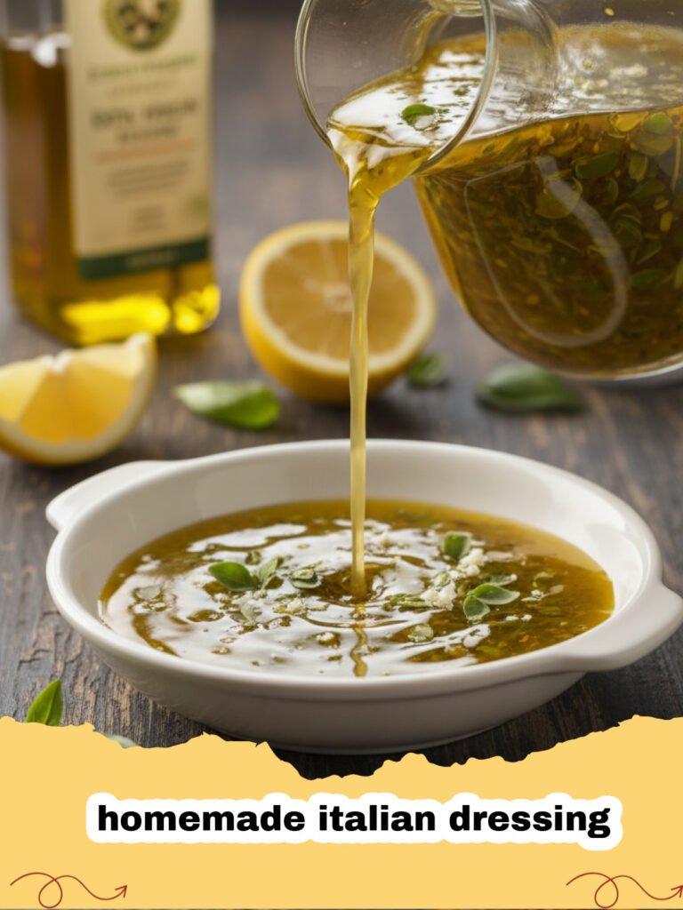 homemade italian dressing - A glass jar of freshly made homemade Italian dressing with fresh herbs and a wooden spoon, ready to be served.