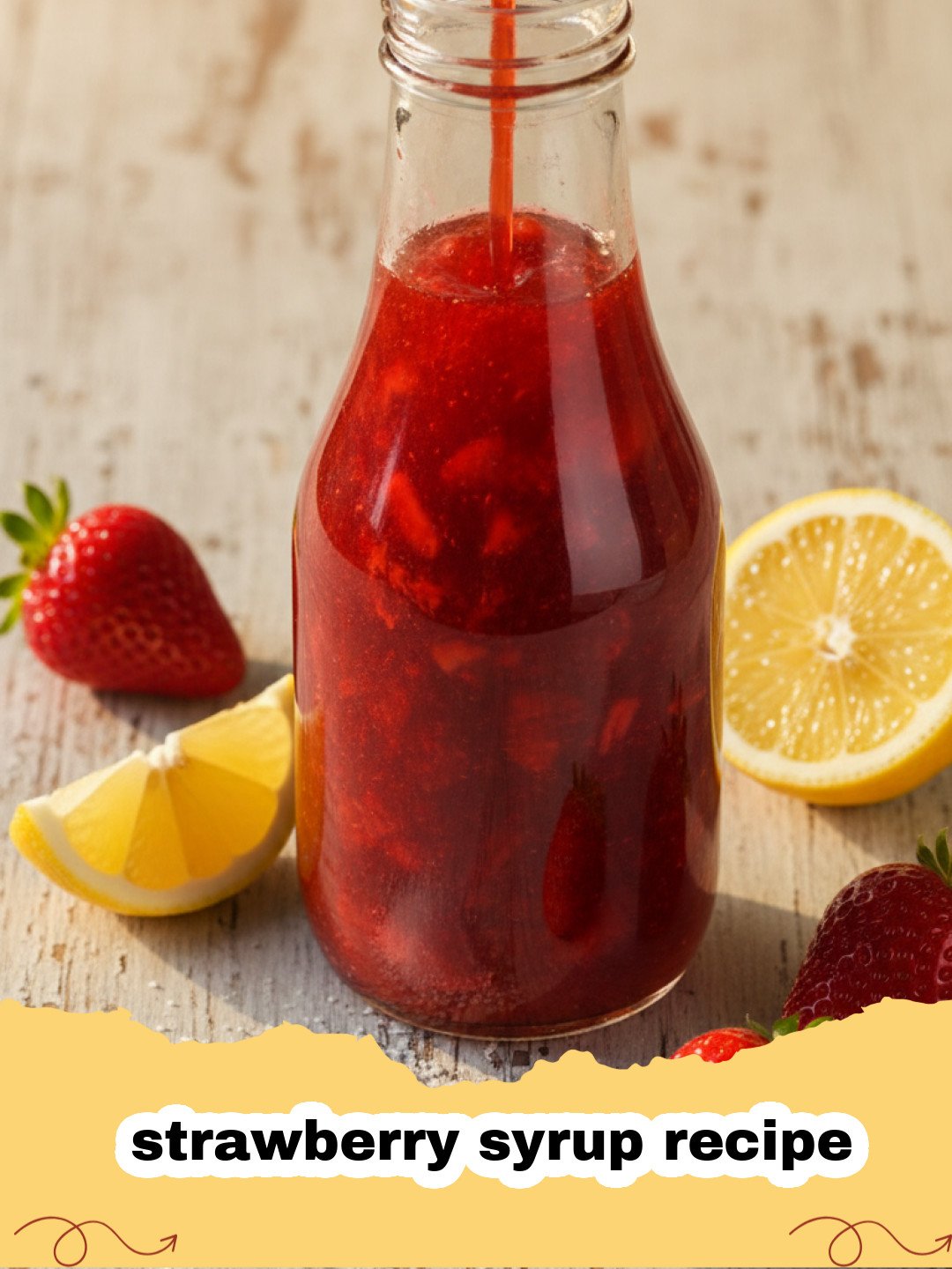 strawberry syrup recipe - A vibrant red homemade strawberry syrup in a glass bottle, with fresh strawberries, a lemon, and fluffy pancakes in the background.
