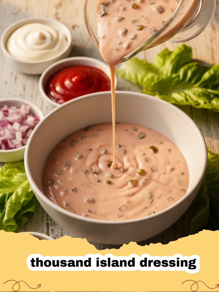 A bowl of creamy homemade thousand island dressing with a spoon, surrounded by ingredients like mayonnaise, chili sauce, and pickles.