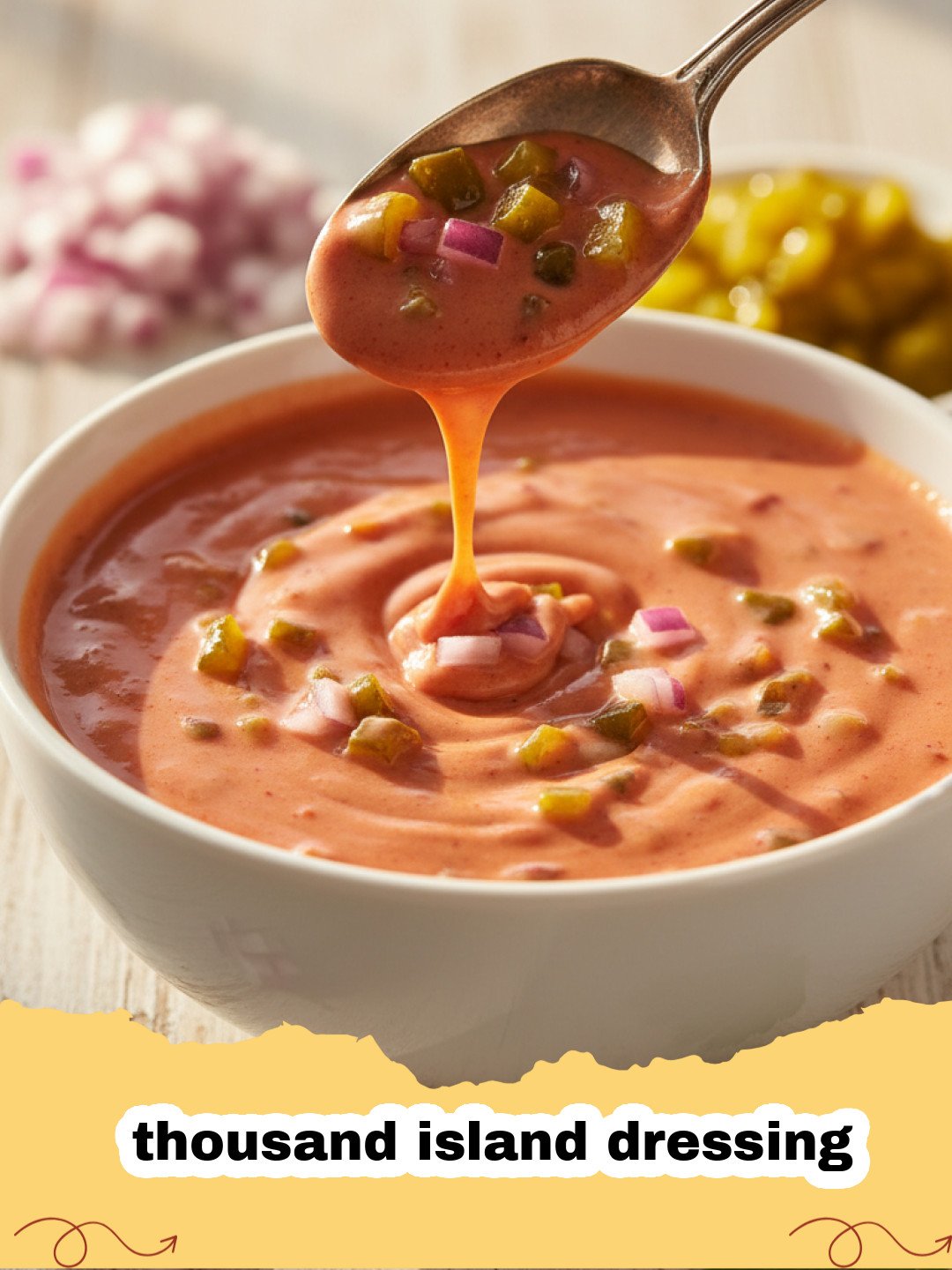 thousand island dressing - Bowl of creamy homemade Thousand Island dressing with a spoon, surrounded by salad ingredients.