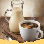 homemade coffee creamer - Glass jar of homemade vanilla coffee creamer with a coffee cup in the background, surrounded by coffee beans