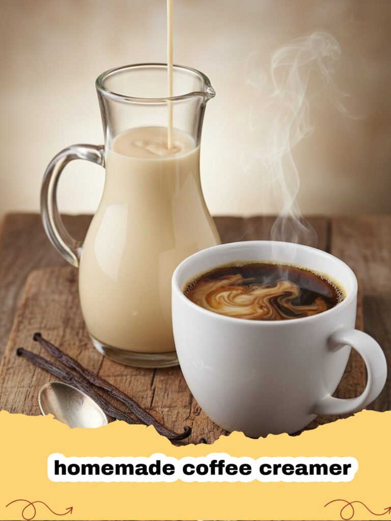homemade coffee creamer - Glass jar of homemade vanilla coffee creamer with a coffee cup in the background, surrounded by coffee beans