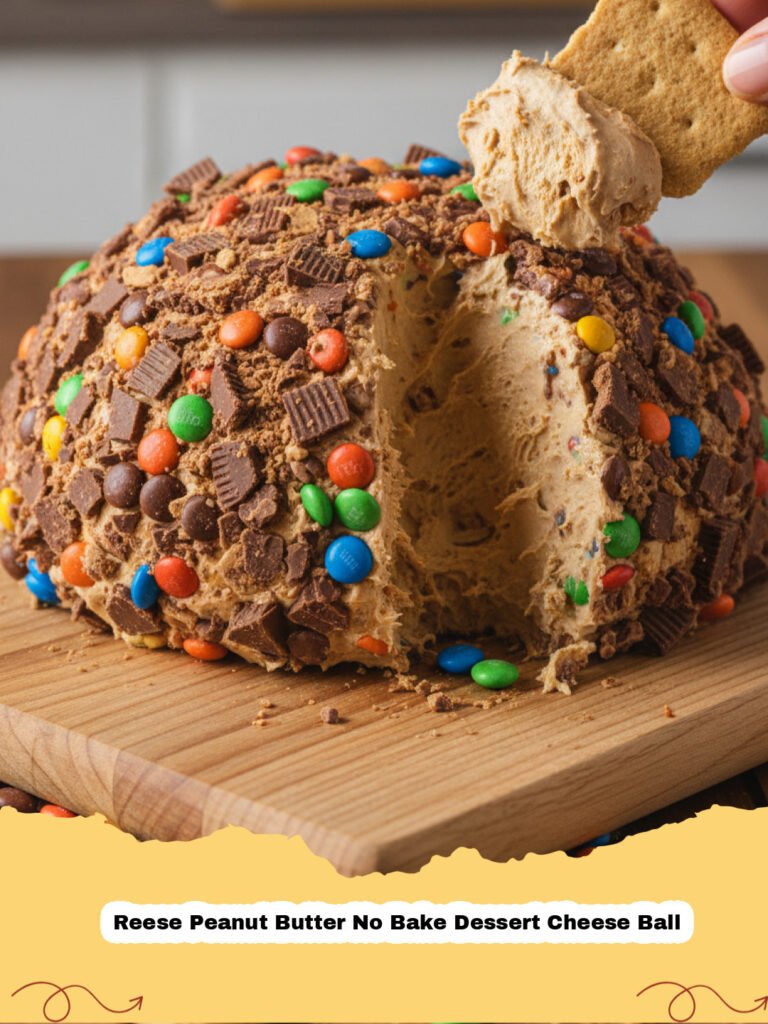 A perfectly coated Reese Peanut Butter No Bake Dessert Cheese Ball on a platter with various dippers like pretzels and graham crackers.