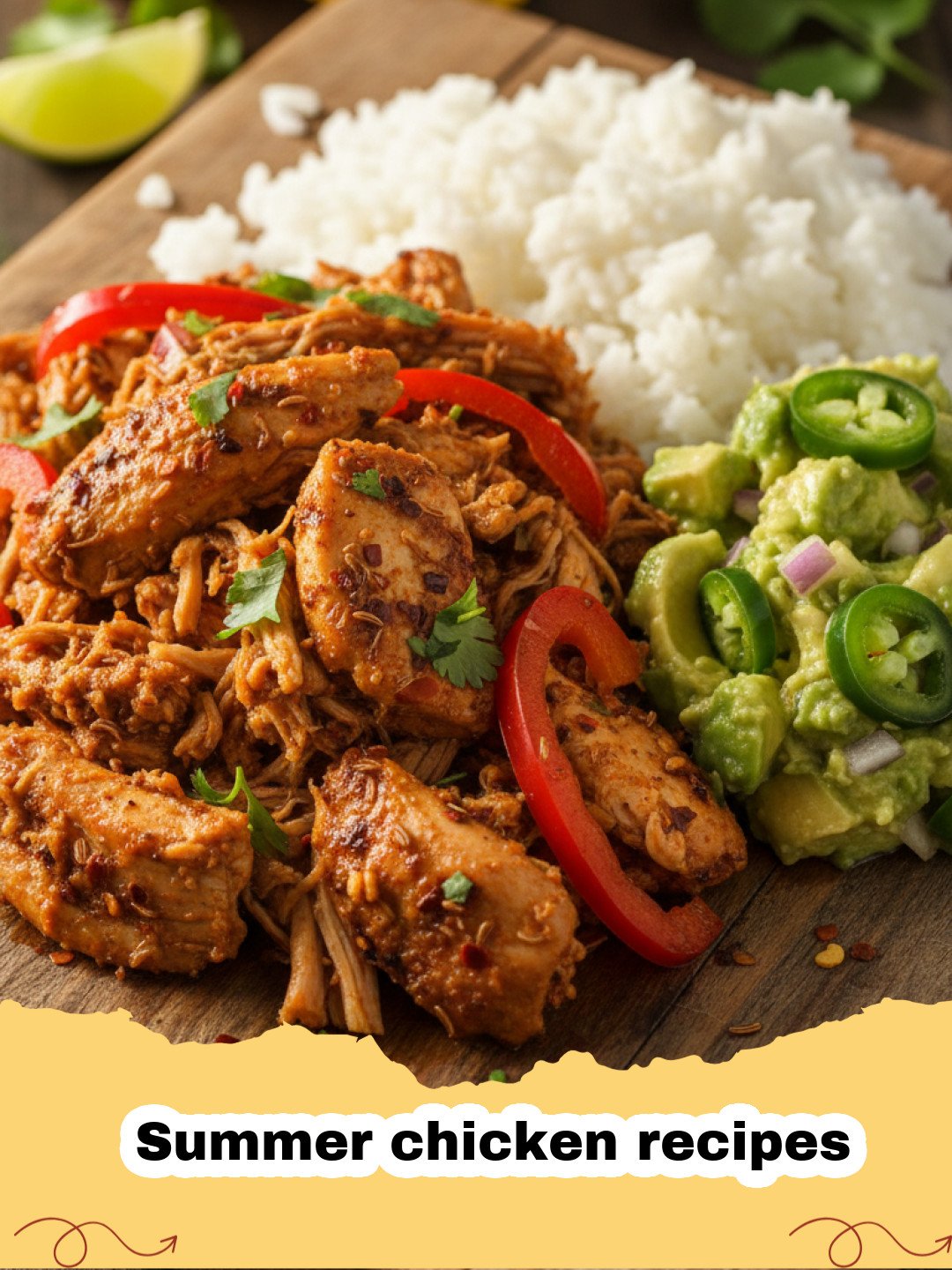 Summer chicken recipes - Grilled chicken breast topped with colorful peach salsa on a white plate.