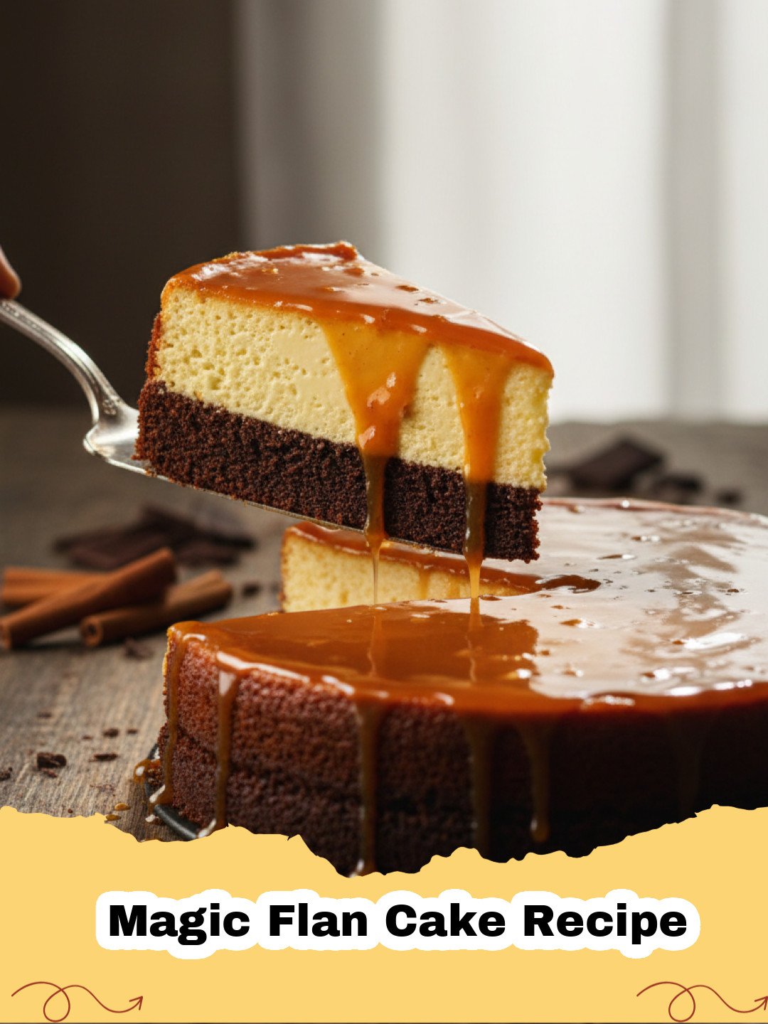 Magic Flan Cake Recipe - Slice of Magic Flan Cake showing distinct chocolate cake and flan layers with caramel sauce