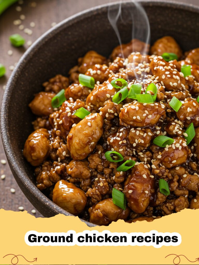 Ground chicken recipes - Golden brown Mediterranean chicken meatballs on a plate with fresh herbs and lemon wedges