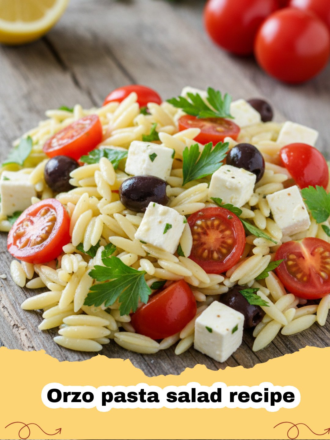 Orzo pasta salad recipe - A colorful bowl of Mediterranean orzo pasta salad with feta, olives, and tomatoes
