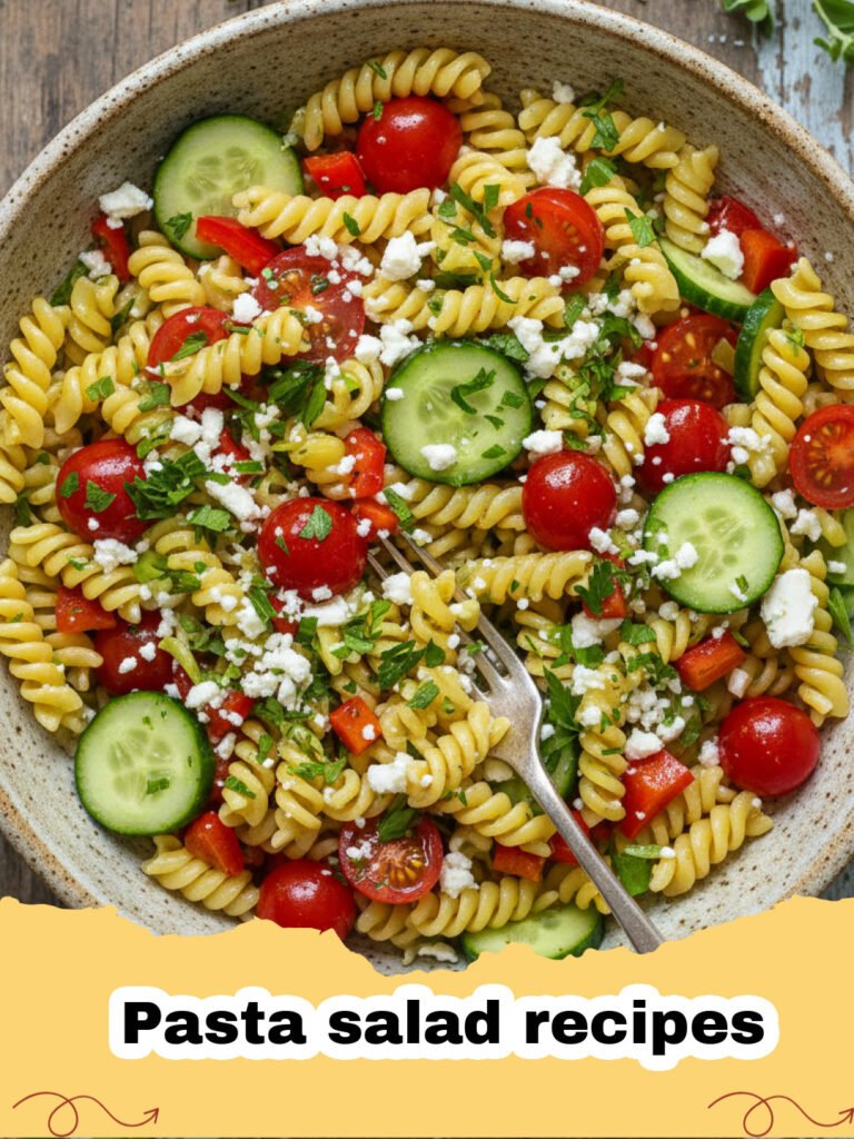 Pasta salad recipes - A colorful Mediterranean pasta salad in a large white bowl featuring rotini, tomatoes, cucumbers, and feta.