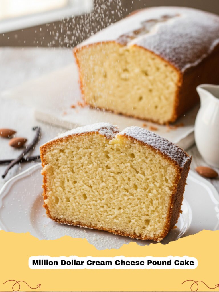A perfectly baked golden Million Dollar Cream Cheese Pound Cake dusted with powdered sugar, sitting on a wire rack with a slice cut out.