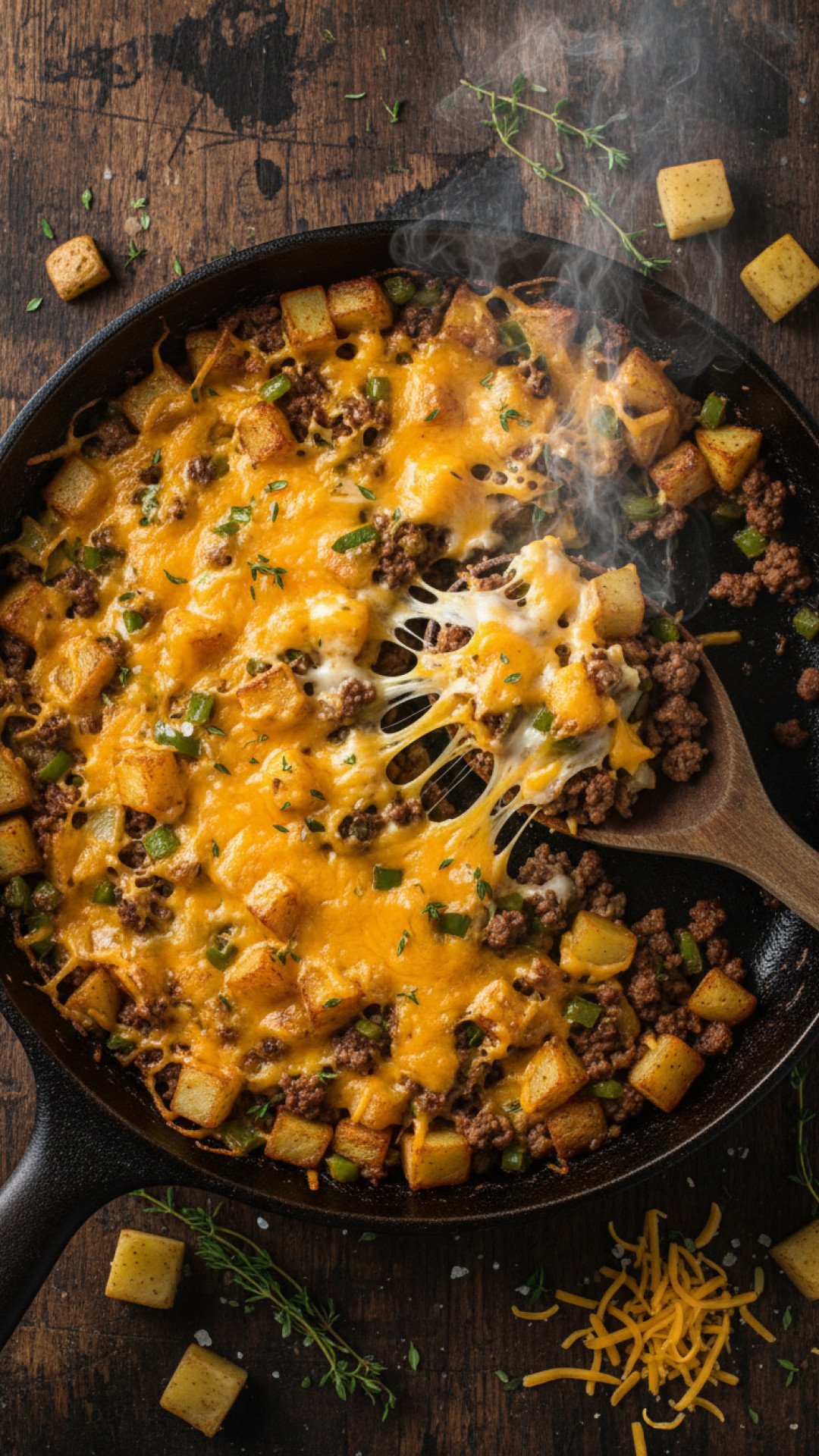 One Pan Cheesy Potato Meat Skillet Preparation
