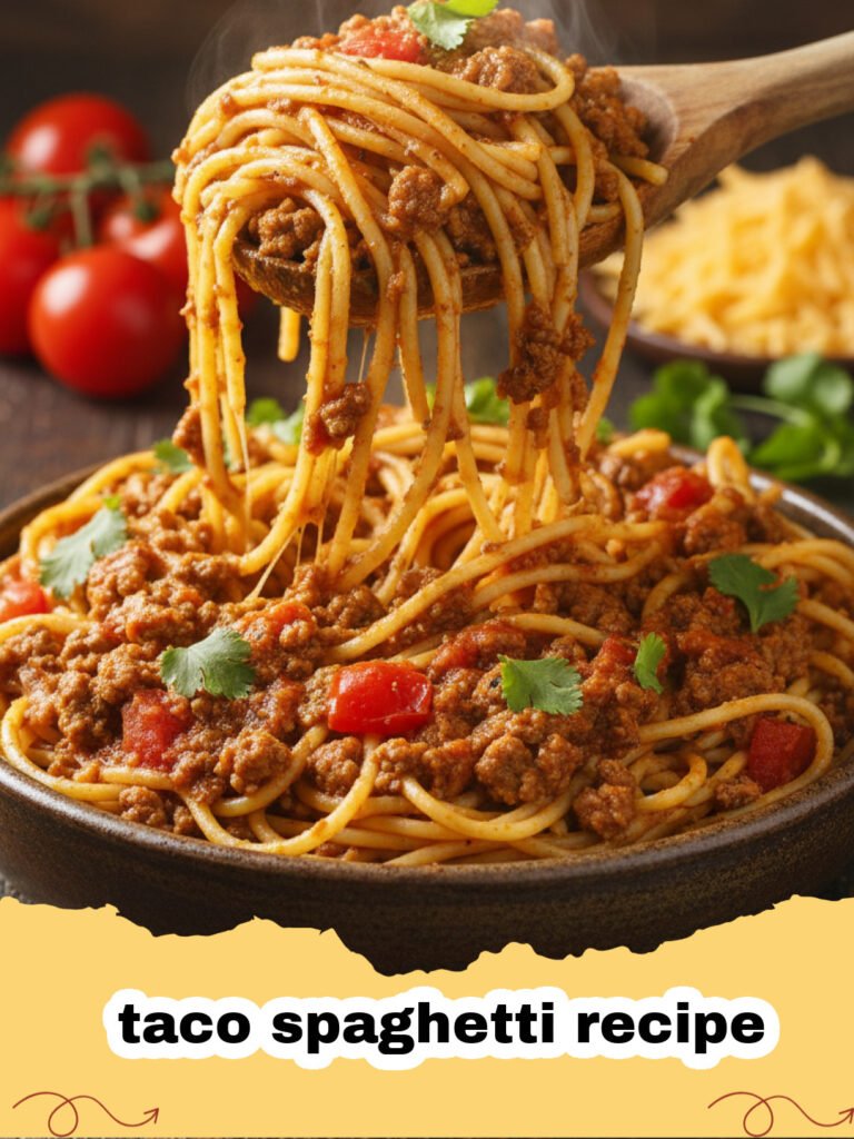 taco spaghetti recipe - A close-up shot of creamy one-pan taco spaghetti in a skillet, topped with melted cheese, fresh cilantro, and green onions.