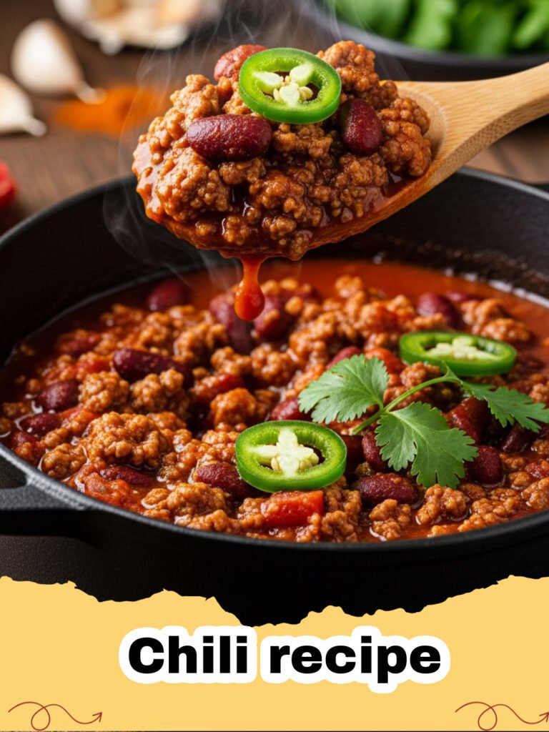 Chili recipe - A steaming bowl of beef chili topped with cheddar cheese and sour cream.