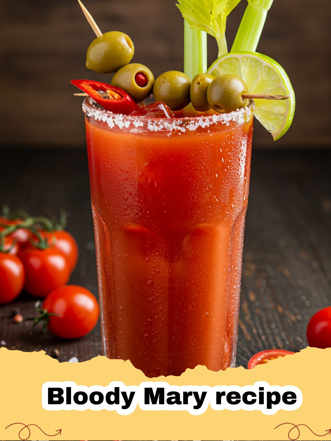 Bloody Mary recipe - A tall, garnished Bloody Mary cocktail with a celery stalk and olives.