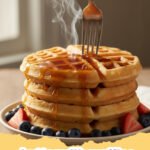 A stack of golden, fluffy buttermilk waffles drizzled with maple syrup and fresh berries.